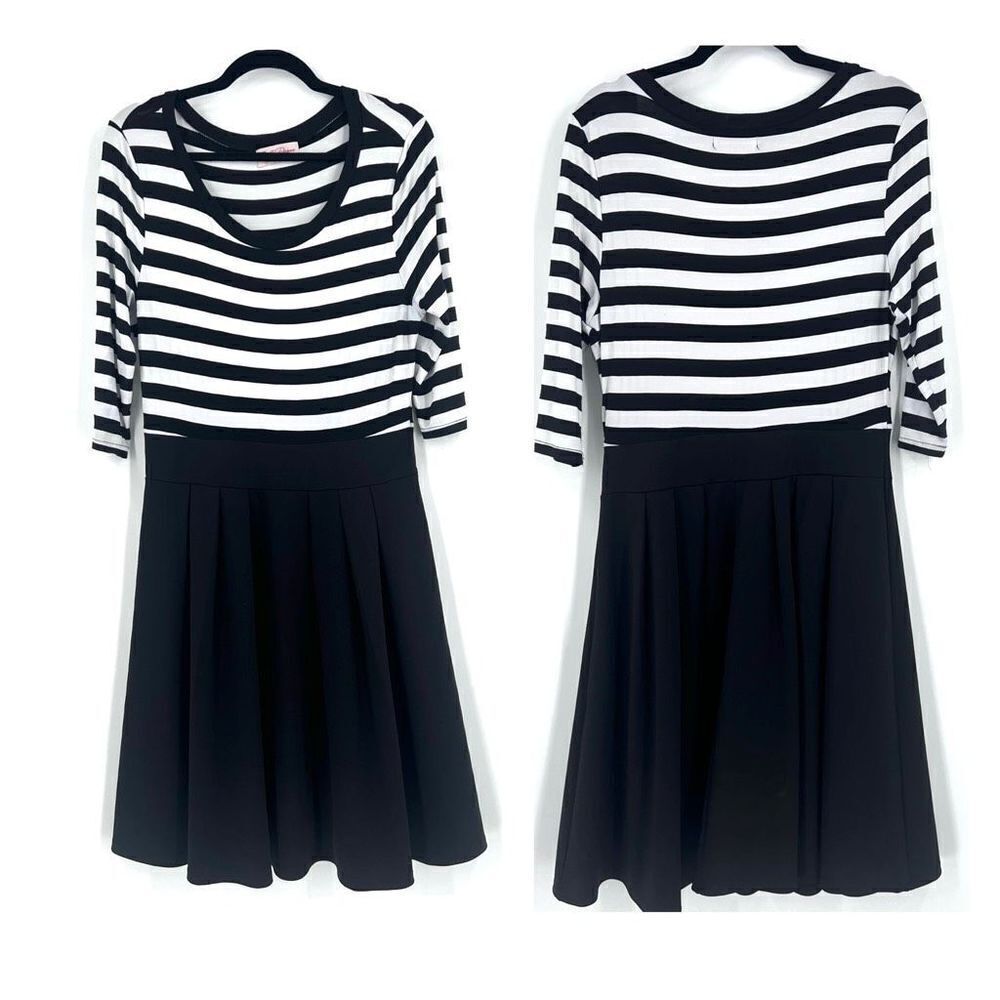 Belle Poque Women's Mini Dress Drop Waist Striped 3/4 Sleeve Black White Large